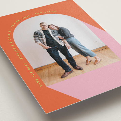 This is a tangerine save the date with standard by Katie Zimpel called pop art printing on recycled smooth signature in grand
