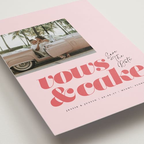 This is a coral save the date with standard by Laura Hamm called vows and cake printing on recycled smooth signature in grand