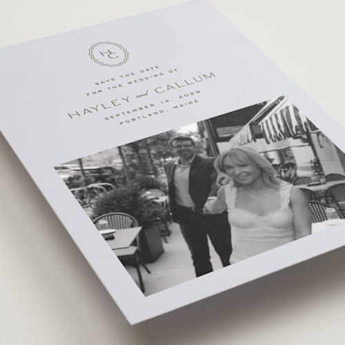 This is a sky save the date with standard by Ellen Schlegelmilch called callum printing on recycled smooth signature in grand