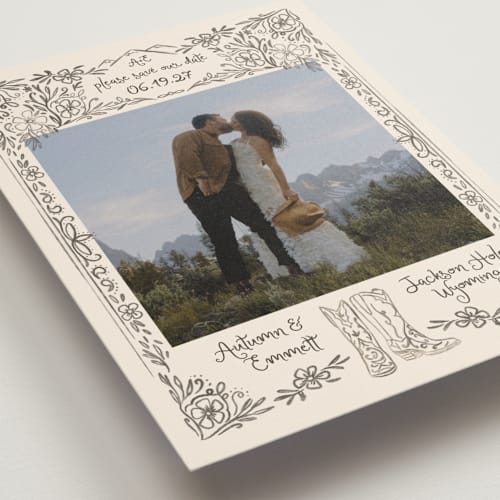 This is a leather save the date with standard by Jenna Holcomb called jackson hole printing on recycled smooth signature in grand