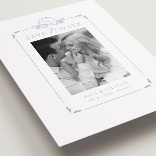 This is a pale cerulean save the date with standard by Sabrin Deirani called ocean dreams printing on recycled smooth signature in grand