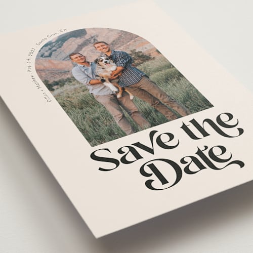 This is a desert save the date with standard by Morgan Kendall called retro arch printing on recycled smooth signature in grand