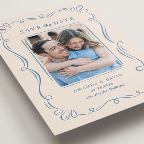 This is a dusty blue save the date with standard by Lucia Saisse called happy day printing on recycled smooth signature in grand