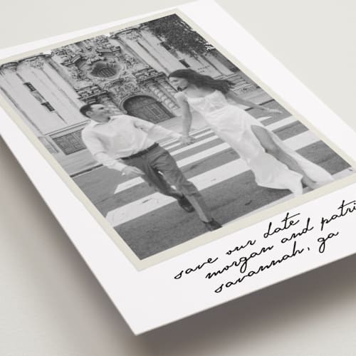 This is a ivory save the date with standard by Maja Cunningham called venecia printing on recycled smooth signature in grand