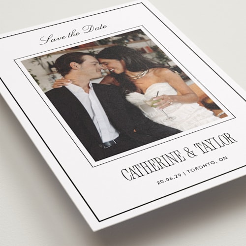 This is a silk save the date with standard by Kelly Schmidt called formal minimalist printing on recycled smooth signature in grand