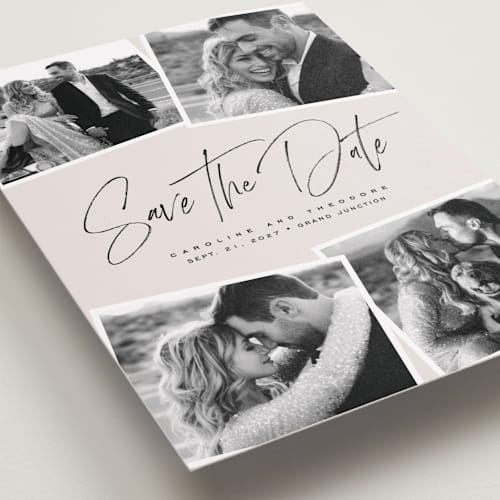 This is a vanilla save the date with standard by Lea Delaveris called our collage printing on recycled smooth signature in grand