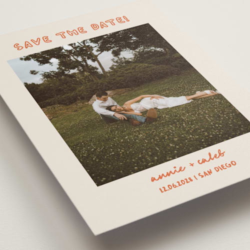 This is a hibiscus save the date with standard by Stephanie Heinrich Godbout called modern outline printing on recycled smooth signature in grand