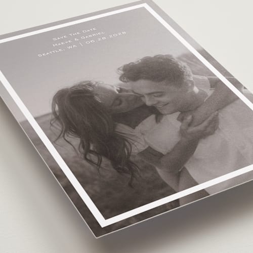 This is a quartz save the date with standard by Jenny Millington called boxed in printing on recycled smooth signature in grand