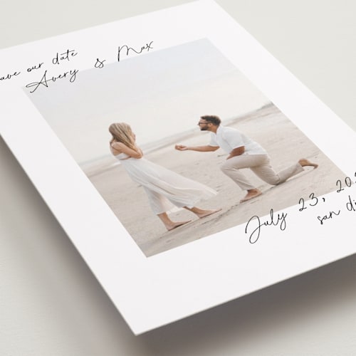 This is a pearl save the date with standard by Lindsay Megahed called joyful jot printing on recycled smooth signature in grand