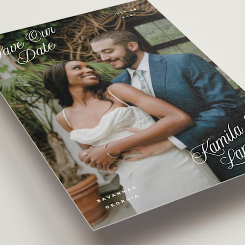 This is a cloud save the date with standard by Hooray Creative called all four corners printing on recycled smooth signature in grand