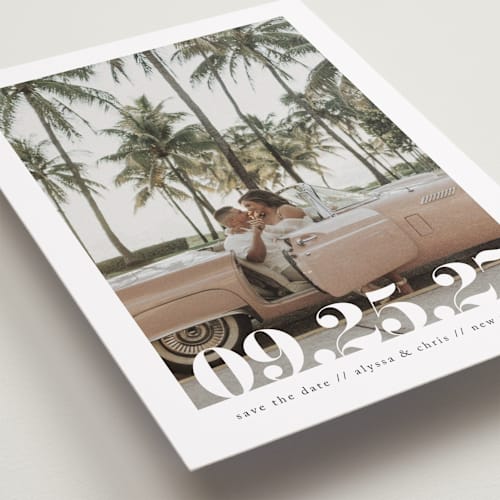 This is a linen save the date with standard by Ashley Cuccio called malibu dreams printing on recycled smooth signature in grand