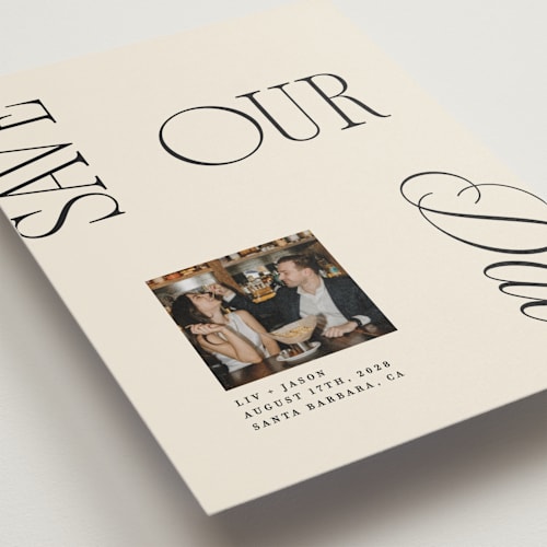 This is a buttercream save the date with standard by Olivia Goree called true romance printing on recycled smooth signature in grand
