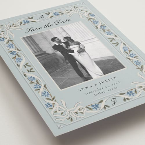 This is a sky save the date with standard by Ana de Sousa called romantic elegance printing on recycled smooth signature in grand