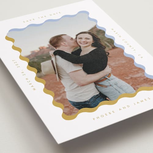 This is a aqua save the date with standard by Baumbirdy called wavy frame printing on recycled smooth signature in grand