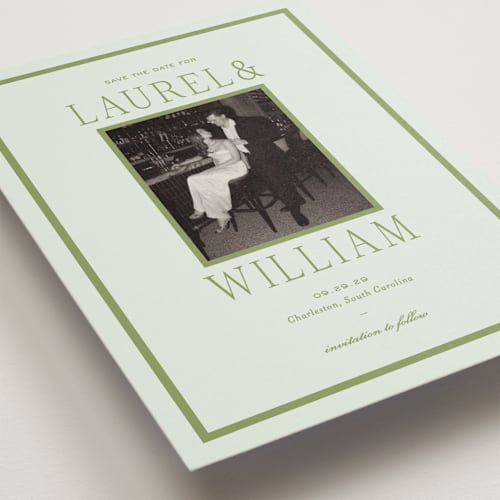 This is a forest save the date with standard by Sara Hicks Malone called dewberry printing on recycled smooth signature in grand