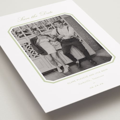 This is a mint save the date with standard by Sara Hicks Malone called montgomery printing on recycled smooth signature in grand