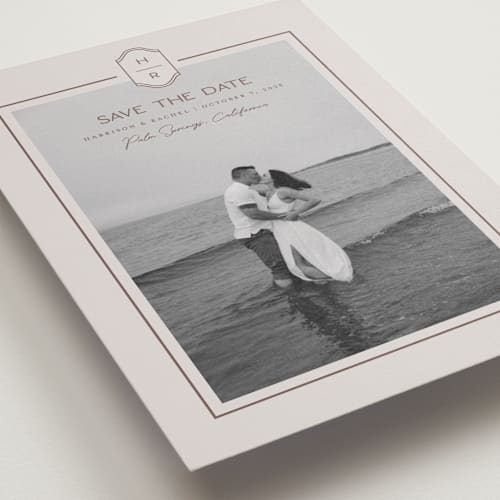 This is a dove save the date with standard by Rachelle Clarke called modern monogram printing on recycled smooth signature in grand