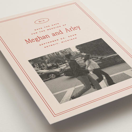 This is a cherry save the date with standard by Ellen Schlegelmilch called cherry printing on recycled smooth signature in grand