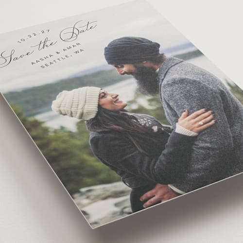 This is a smoke save the date with standard by Morgan Kendall called stamp printing on recycled smooth signature in grand