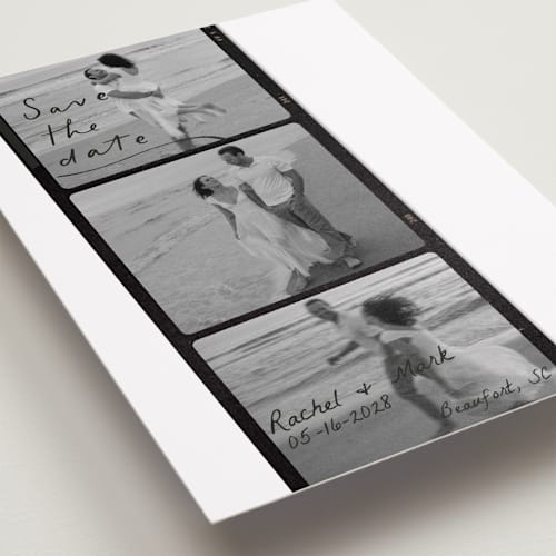 This is a onyx save the date with standard by Sarah Mraz called filmstrip printing on recycled smooth signature in grand