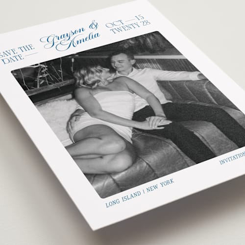 This is a lake save the date with standard by Robert and Stella called opening credits printing on recycled smooth signature in grand