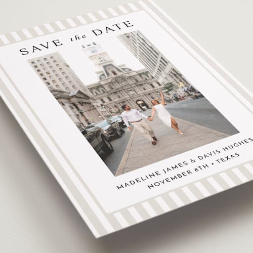 This is a latte save the date with standard by First Rodeo Design called classic stripe printing on recycled smooth signature in grand