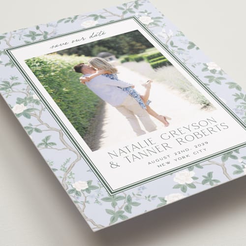 This is a garden save the date with standard by Jenna Holcomb called chinoiserie printing on recycled smooth signature in grand