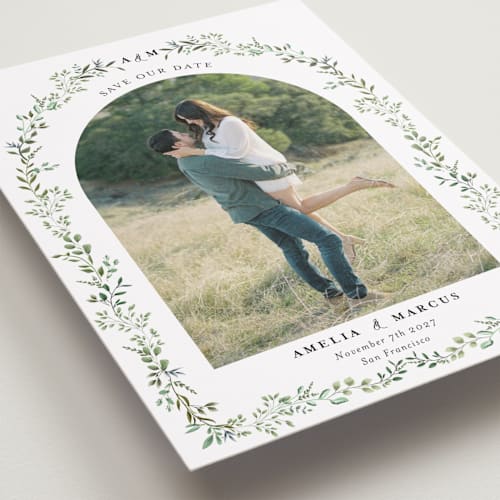 This is a mojito save the date with standard by Susan Moyal called monogramed arch printing on recycled smooth signature in grand