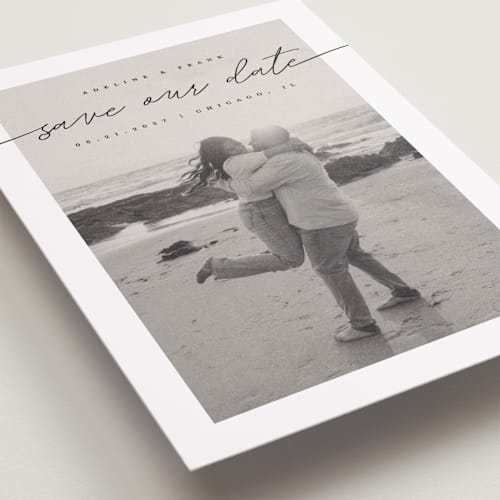 This is a tuxedo save the date with standard by Pixel and Hank called simple details printing on recycled smooth signature in grand