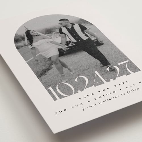 This is a latte save the date with standard by Brooke Chandler called era printing on recycled smooth signature in grand