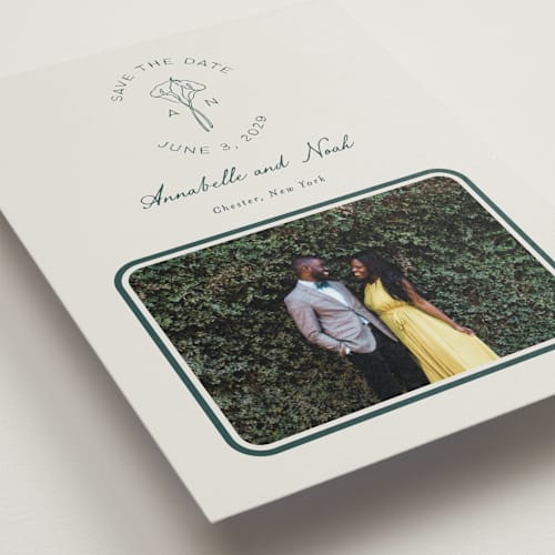 This is a sage save the date with standard by Leah Bisch called pair of calla lilies printing on recycled smooth signature in grand