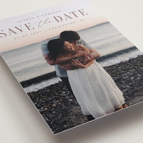 This is a mauve save the date with standard by Zani van Zyl called danielle printing on recycled smooth signature in grand