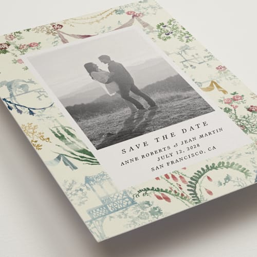 This is a nouvelle save the date with standard by Sumak Studio called chinoiserie printing on recycled smooth signature in grand