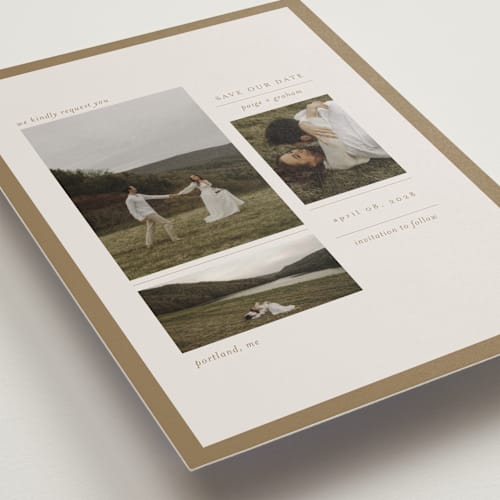 This is a linen save the date with standard by Bramble Studio called savour printing on recycled smooth signature in grand