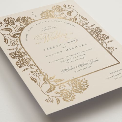 This is a tea time wedding invitations with foil pressed by Susan Zinader called shimmering hydrangeas printing on signature in grand