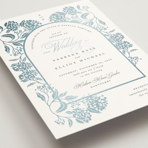 This is a dove wedding invitations with foil pressed by Susan Zinader called shimmering hydrangeas printing on signature in grand