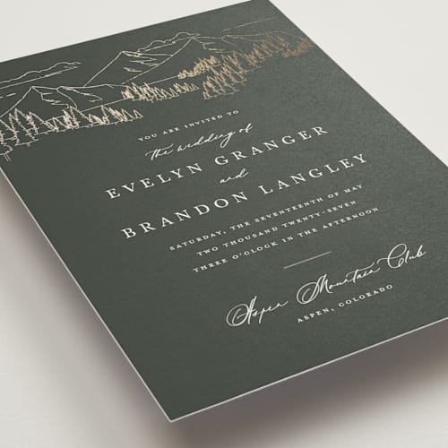 This is a hunter wedding invitations with foil pressed by Sarah Brown called peaks printing on signature in grand