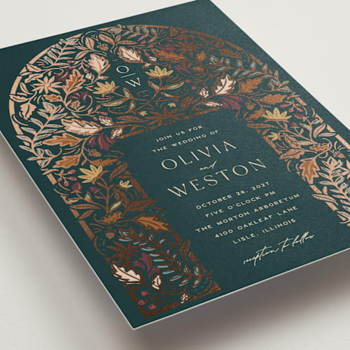 This is a deep sea wedding invitations with foil pressed by Erin German called autumnal arch printing on signature in grand