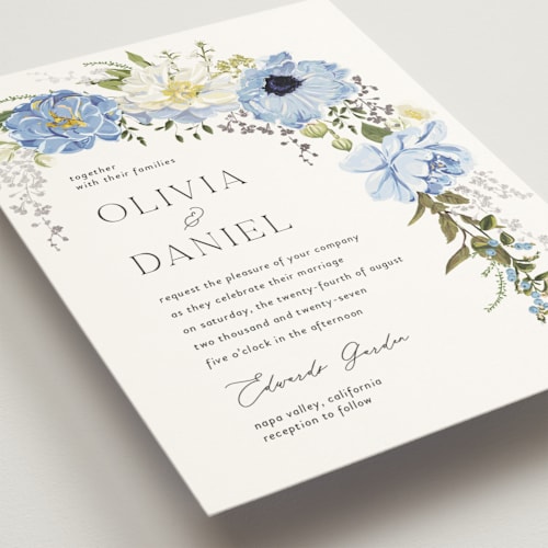 This is a azure wedding invitations with foil pressed by Susan Moyal called timeless blooms printing on signature in grand