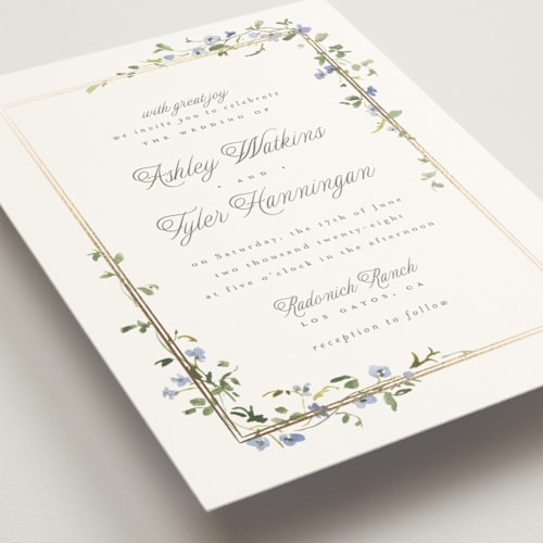 This is a bluebell wedding invitations with foil pressed by Everett Paper Goods called flowering vine printing on signature in grand