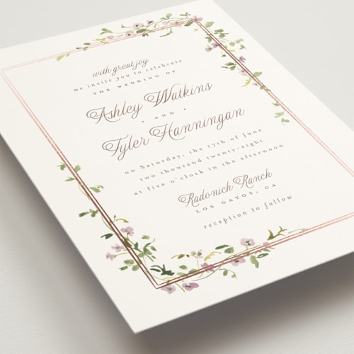 This is a lilac wedding invitations with foil pressed by Everett Paper Goods called flowering vine printing on signature in grand