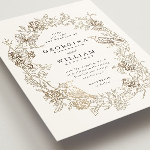 This is a lace wedding invitations with foil pressed by Grae called meet me in the garden printing on signature in grand