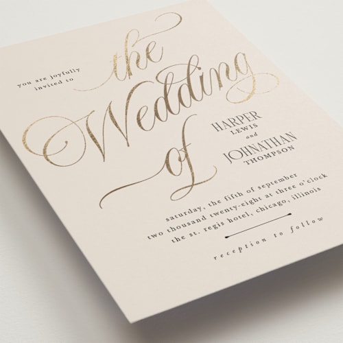 This is a linen wedding invitations with foil pressed by Kate Ahn called mirin printing on signature in grand