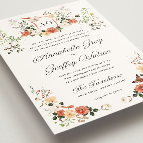 This is a verona sunset wedding invitations with foil pressed by Sarah Knight called fleur printing on signature in grand