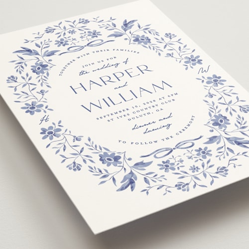 This is a blue willow wedding invitations with standard by Susan Zinader called daisy toile printing on signature in grand