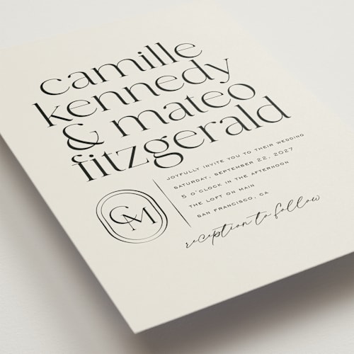 This is a latte wedding invitations with standard by Jackie Crawford called modern monogram printing on signature in grand