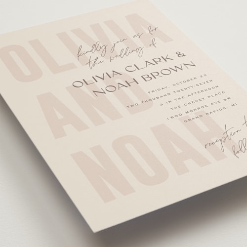 This is a blush wedding invitations with standard by Pixel and Hank called salted printing on signature in grand