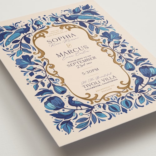 This is a cerulean wedding invitations with standard by GeekInk Design called gilded printing on signature in grand