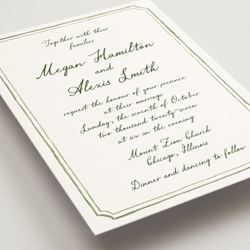This is a moss wedding invitations with standard by Cass Loh called handwritten printing on signature in grand