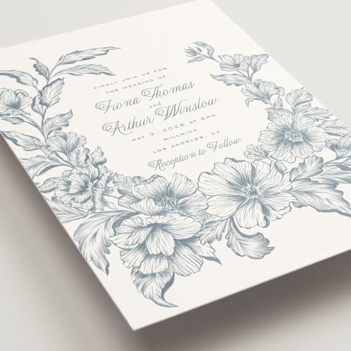 This is a lake wedding invitations with standard by Leah Bisch called wreath in bloom printing on signature in grand